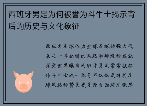 西班牙男足为何被誉为斗牛士揭示背后的历史与文化象征