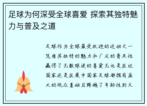足球为何深受全球喜爱 探索其独特魅力与普及之道
